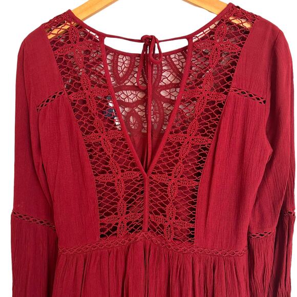 American Eagle Mini Dress XS Boho Dress Open Back Crochet Lace Peasant Gauzy - Picture 7 of 13